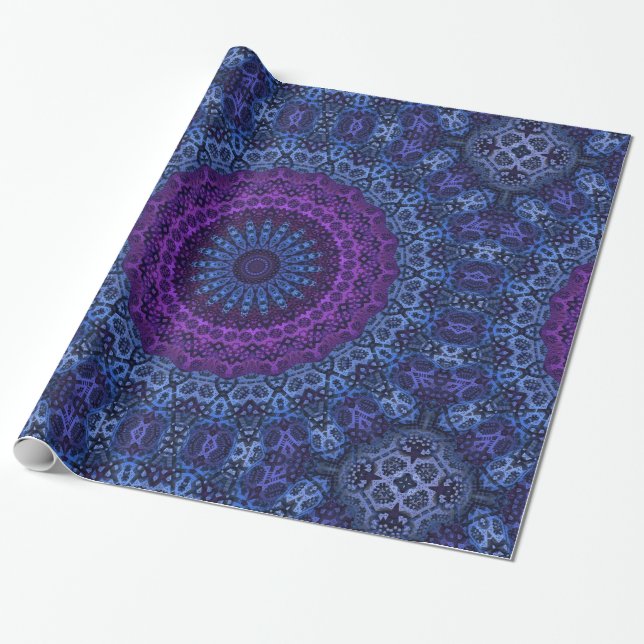 Papier Cadeau Mandala au crépuscule profond bleu et violet (Déroulé)