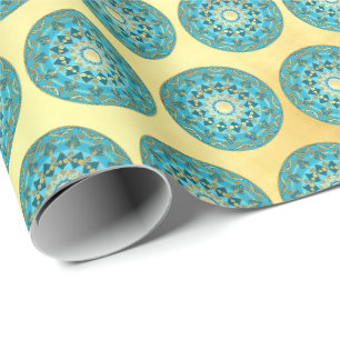 Papier Cadeau Mandala bleu or sur fond or doux