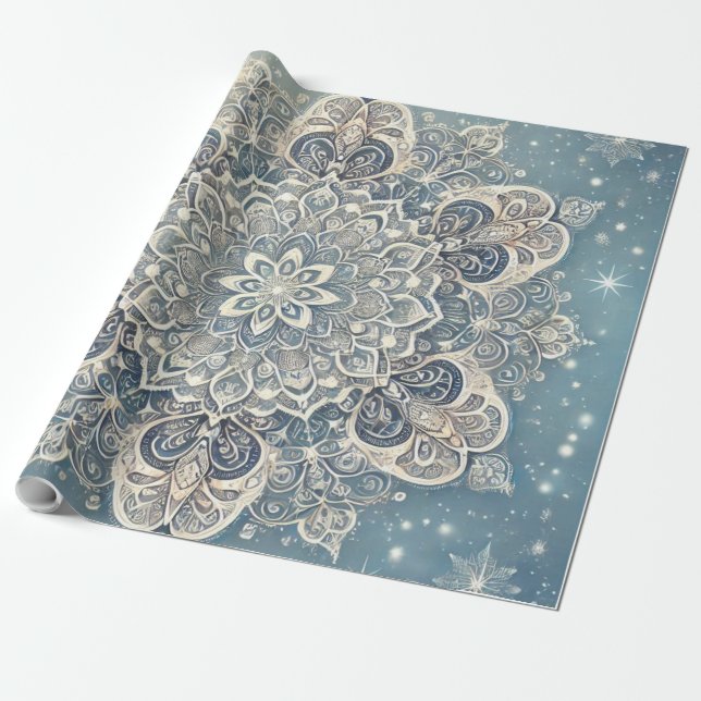 Papier Cadeau Mandala de flocon de neige dans Frosty Hues 3 (Déroulé)