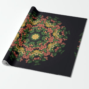 Papier Cadeau Mandala floral clair aux fleurs rouges et jaunes.