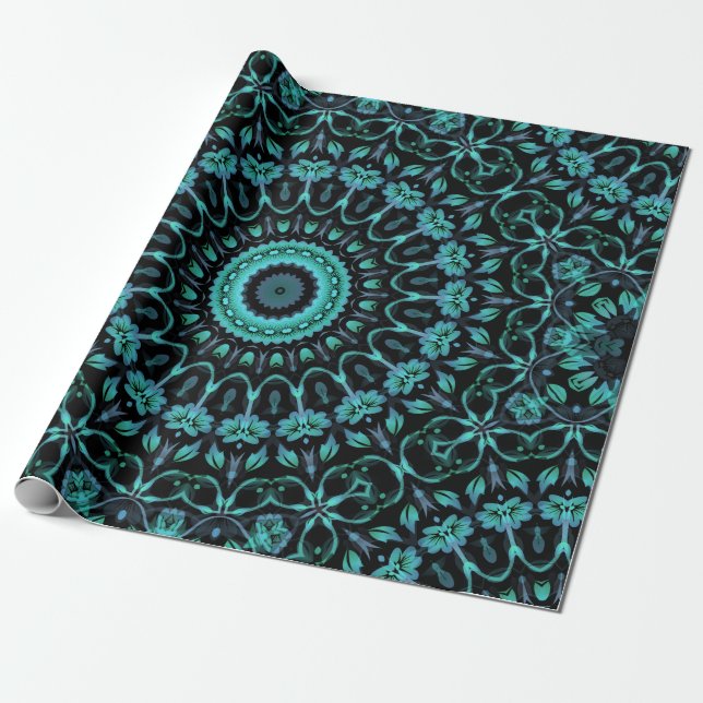 Papier Cadeau Mandala floral turquoise foncé (Déroulé)