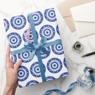 Papier Cadeau Mandala Grec Mal Eye Motif Bleu Blanc