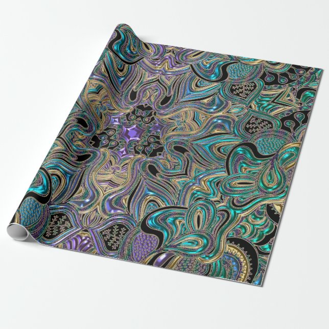 Papier Cadeau Mandala noir pourpre d'or turquoise (Déroulé)