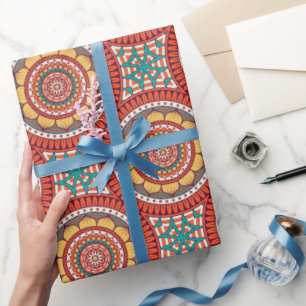 Papier Cadeau Mandala orange bordeaux et cercle jaune