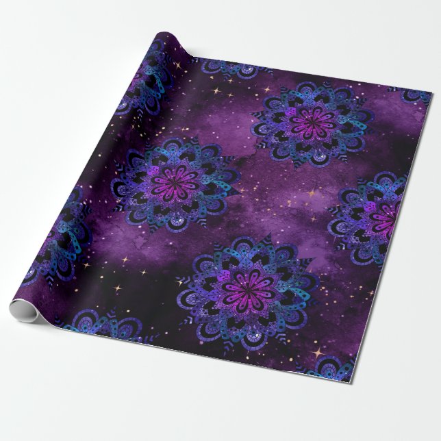 Papier Cadeau Mandalas bleus et roses sur galaxie violette (Déroulé)