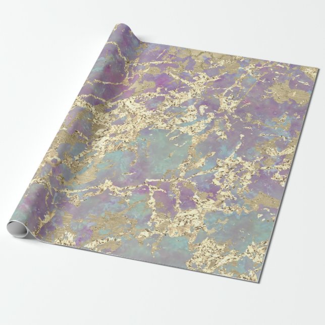 Papier Cadeau Marble Pastel Gold Aqua Strokes Idée cadeau (Déroulé)