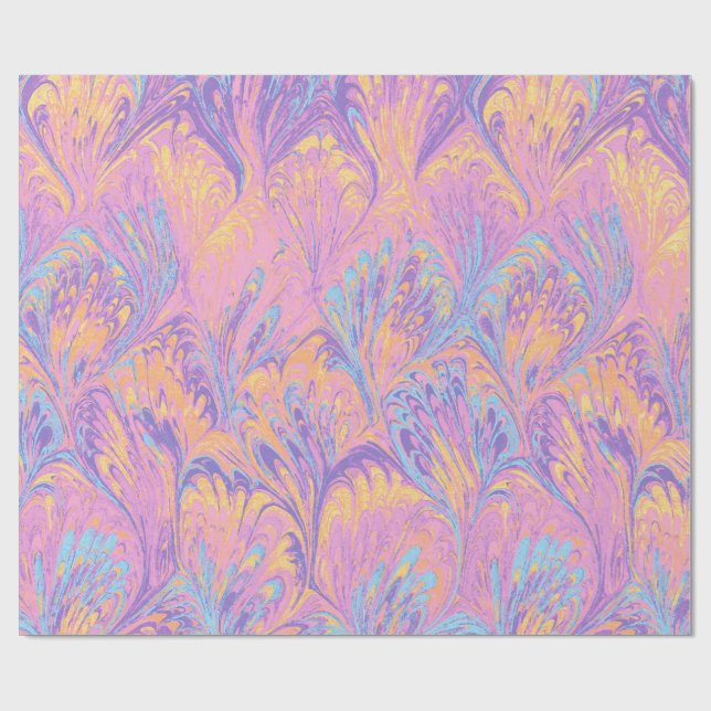 PAPIER CADEAU MARBLED PAPER,ABSTRACT PINK BLUE PEACOCK PATTERN (Plat)