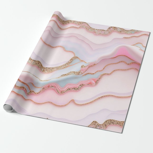 Papier Cadeau Marbre Agate Moderne Bleu Rose Collection Or (Déroulé)