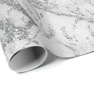 Papier Cadeau Marbre Argent gris blanc Floral Laurel