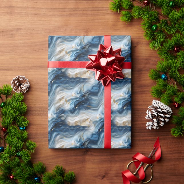 Papier Cadeau Marbre blanc bleu avec look soie or (Cadeau de vacances)