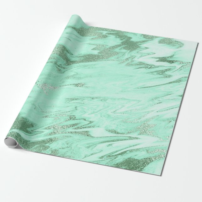 Papier Cadeau Marbre blanc d'argent gris à la menthe brillant (Déroulé)