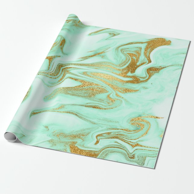 Papier Cadeau Marbre blanc d'or vert à la menthe brillant (Déroulé)