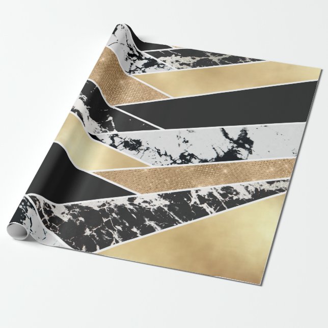 Papier Cadeau Marbre blanc Parties scintillant doré moderne géom (Déroulé)
