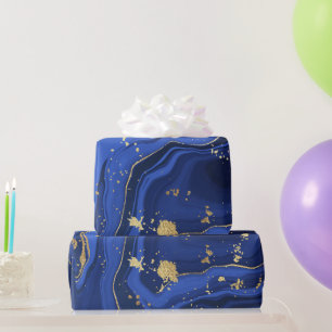 Papier Cadeau Marbre d'Agate Blanc Bleu de minuit Abstrait