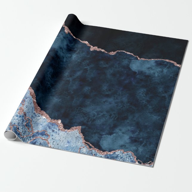 Papier Cadeau Marbre d'agate d'huile d'or bleu marine et Rose (Déroulé)