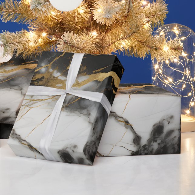 Papier Cadeau Marbre de luxe blanc, or et noir élégant (Vacances)