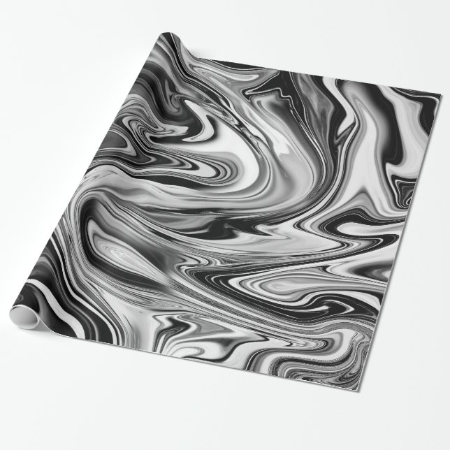 Papier Cadeau Marbre élégant 7 - liquide noir et blanc (Déroulé)