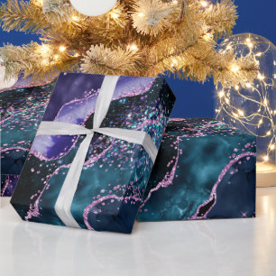 Papier Cadeau Marbre Luxueux Cristal Agate Violet Turquoise Pail