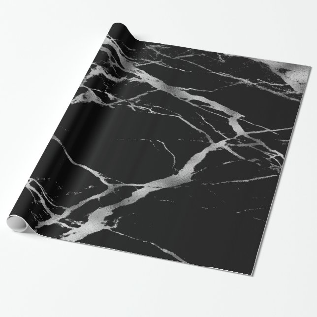 Papier Cadeau Marbre noir argenté tendance brillant (Déroulé)