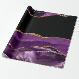 Papier Cadeau Marbre Noir Violet Agate Glam Paillettes Dorées