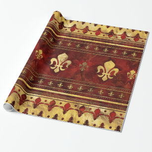 Papier Cadeau Marbre rouge et or Fleur de lis