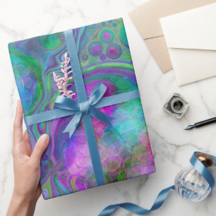 Papier Cadeau Marbre violet, vert et bleu Fluid Art Anniversaire