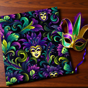 Papier Cadeau Mardi Gras avec masques jaune or