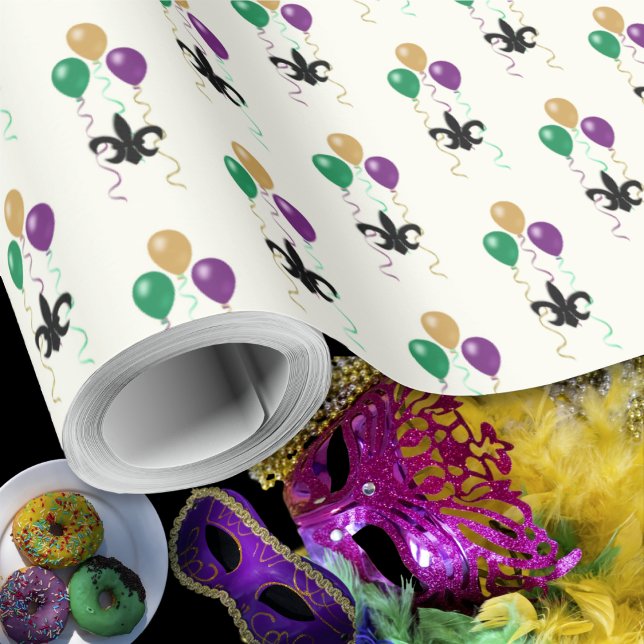 Papier Cadeau Mardi Gras Black FleurDeLis avec des ballons sur i (Mardi Gras Black FleurDeLis with Balloons on Ivory Wrapping Paper by Leapfroglisics Shop)