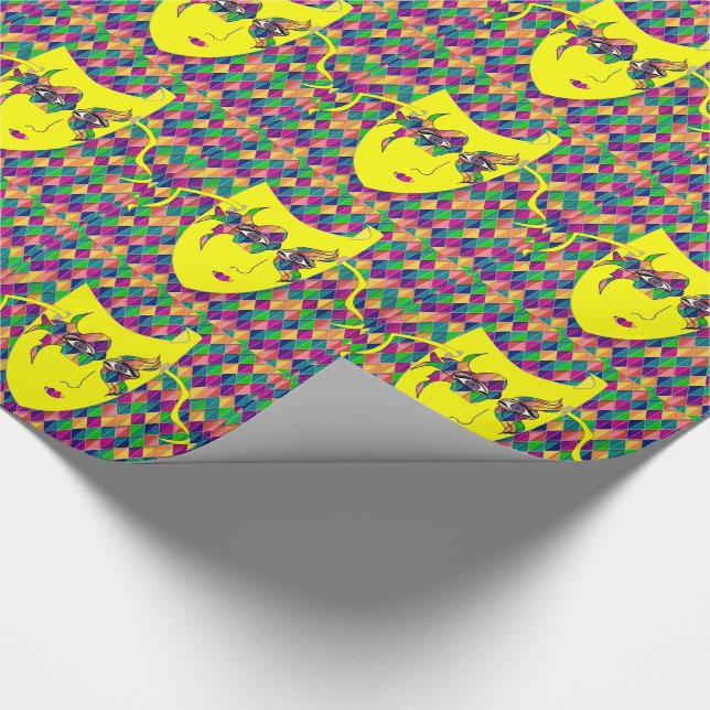 Papier Cadeau Mardi Gras Carnaval Masque Jaune Sur Diamants Viol (Coin)