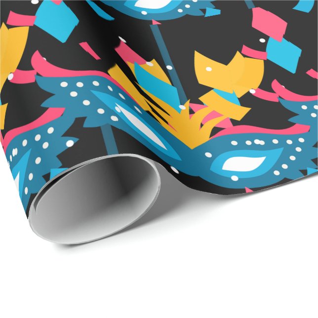 Papier Cadeau Mardi Gras Masque Et Confetti En Noir (Coin rond)