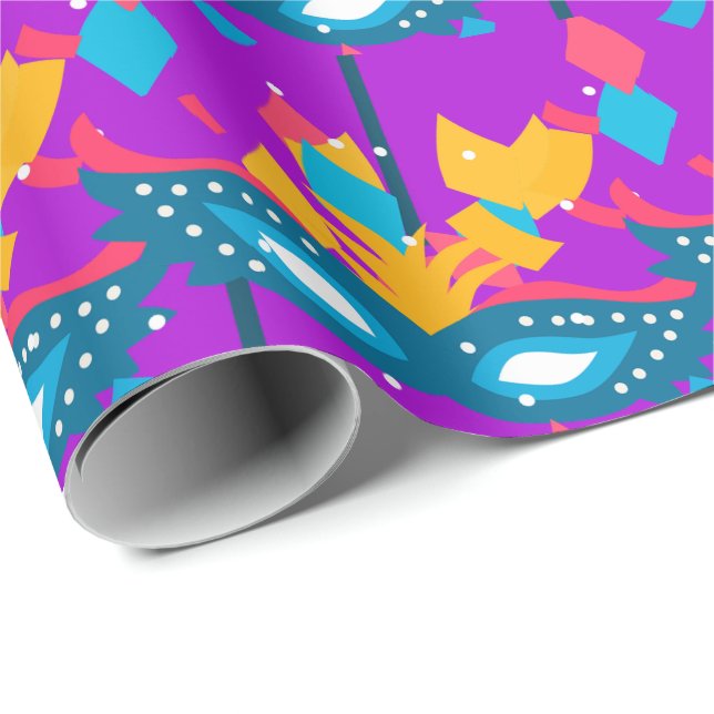 Papier Cadeau Mardi Gras Masque Et Confetti Sur Violet (Coin rond)