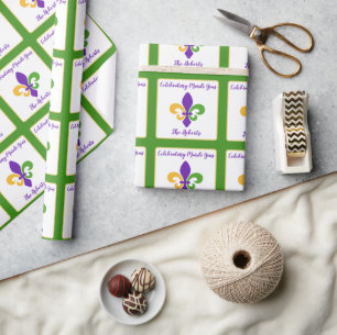 Papier Cadeau Mardi Gras NOM Vert Or Violet Fleur de Lis
