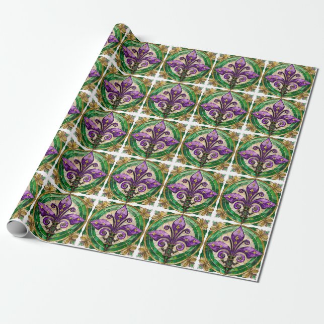 Papier Cadeau Mardi Gras Vitrail Fleur de lis (Déroulé)