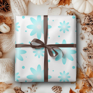 Papier Cadeau Marguerite délicate blanche et turquoise, point mo