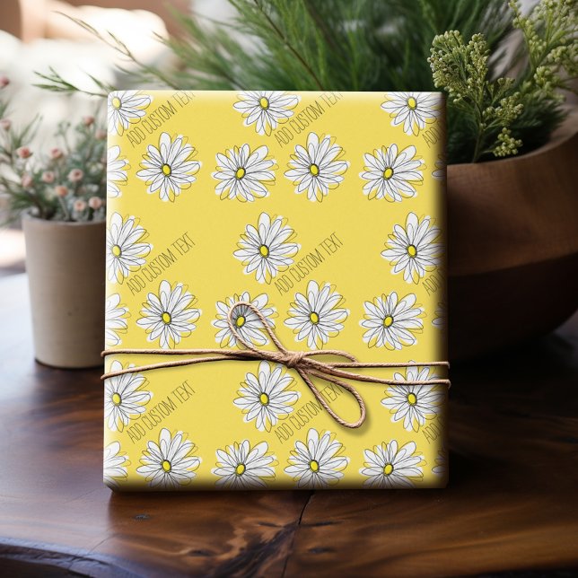 Papier Cadeau Marguerite lunaire jaune et blanc avec texte perso (Personalized Wrapping Paper)