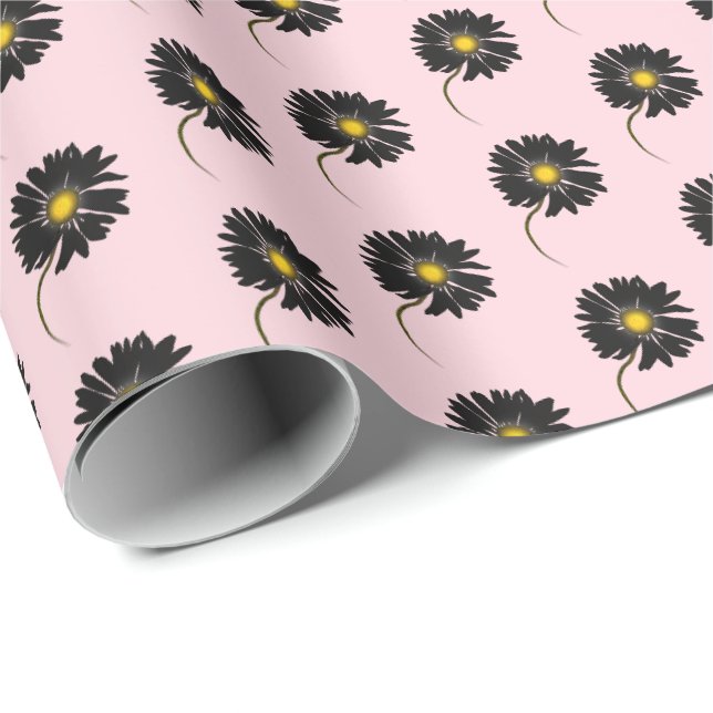 Papier Cadeau marguerite noire sur rose (Coin rond)