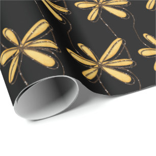 Papier Cadeau marguerite parties scintillant or sur noir