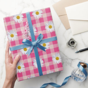 Papier Cadeau Marguerites blanches sur En vichy rose et blanc