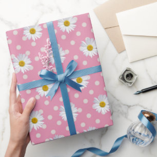 Papier Cadeau Marguerites blanches sur Pois