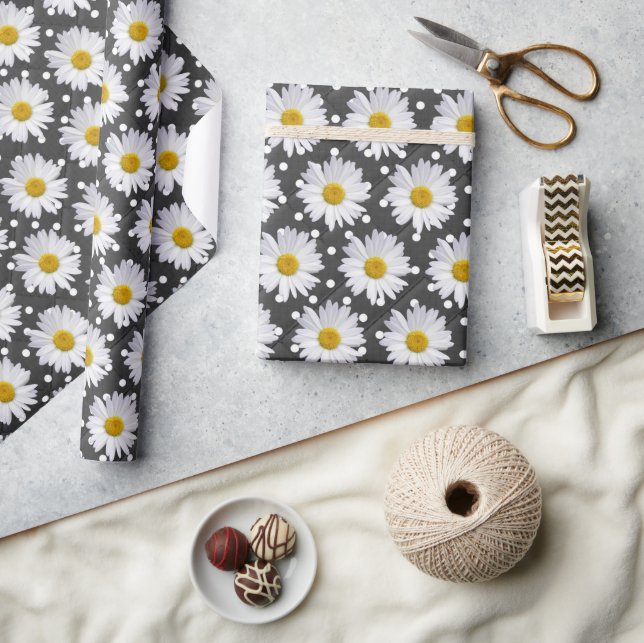 Papier Cadeau Marguerites blanches sur Pois (Artisanat)