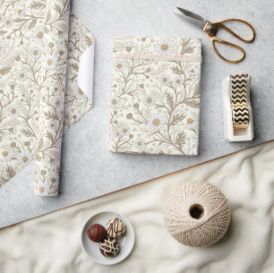 Papier Cadeau Marguerites en blanc et marron sur fond blanc cass