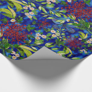Papier Cadeau Marguerites et papillons d'aquarelle bleus