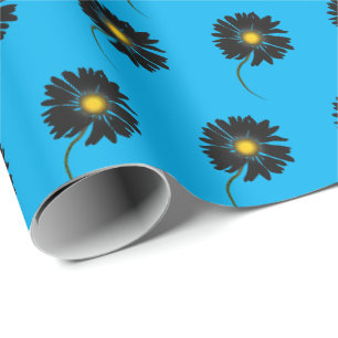 Papier Cadeau marguerites noires sur fond bleu aqua