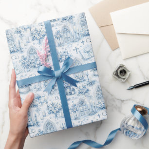 Papier Cadeau Mariage à l'église cathédrale aquarelle en bleu