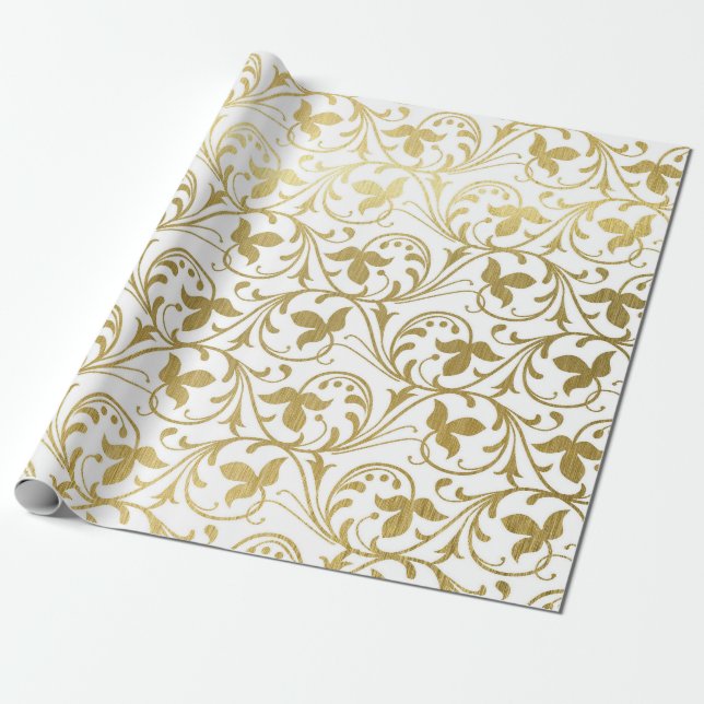 Papier cadeau mariage à motif floral damassé or cl (Déroulé)