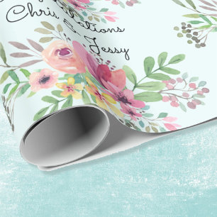 Papier Cadeau Mariage Ajouter des noms Floral Aquarelle Rouleau 