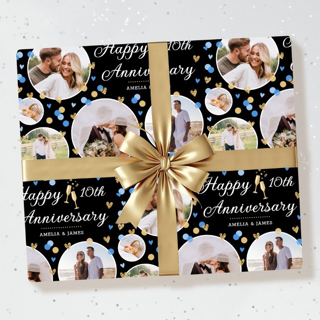 Papier Cadeau Mariage Anniversaire Photo Collage Elégant Bleu (Créateur téléchargé)