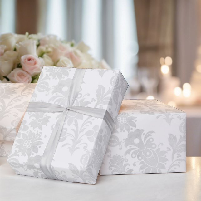 Papier Cadeau Mariage Blanc Damask Simple Elegance Floral (Créateur téléchargé)