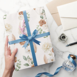 Papier Cadeau Mariage Bohème Fleurs Crème Marron