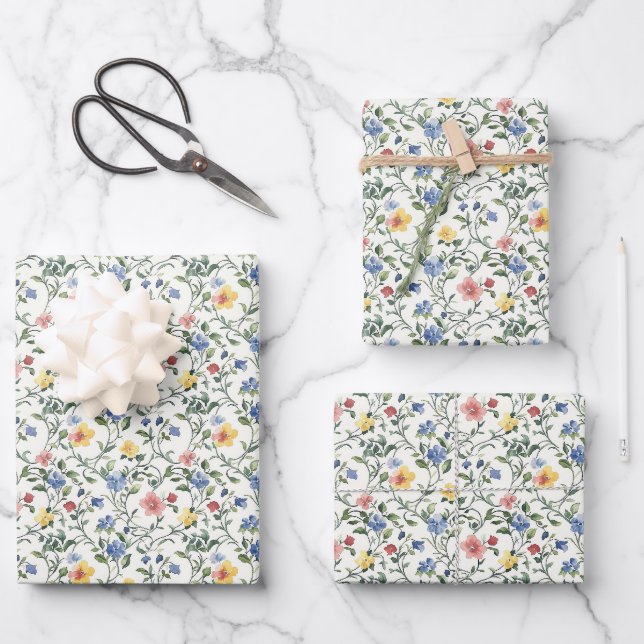 Papier cadeau Mariage Champêtre Rose Bleu Jaune (Recto)